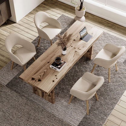 Eetkamerstoel – Stoel – Armstoel – Loungestoel – Zithoekstoel – Set van 2 Beige Polyester – Open Rugleuning met Halve Maan – Stevige Houten Poten