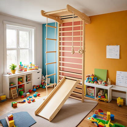 Klimrek – Klimboog – Klimdriehoek – Speelgym – Montessori Speeltoestel – Houten Speelgoed – Aardetint Geel – Geschikt Vanaf 3 Jaar