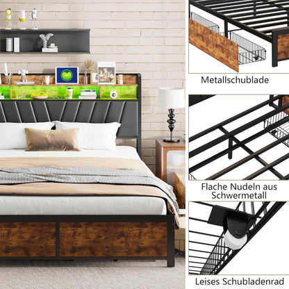 Tweepersoonsbed – Bed – Slaapbed – Opbergbed – Led-bed – 160x200 cm – 4 Ruime Lades – Ingebouwde LED-verlichting