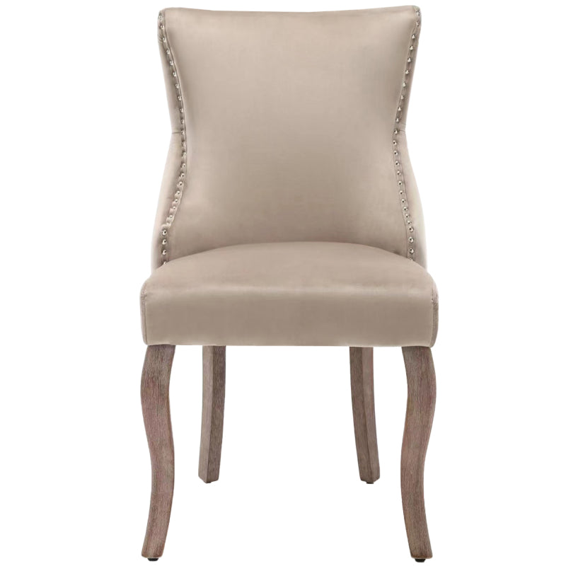 Eetkamerstoel – Woonkamerstoel – Gestoffeerde Stoel – Kuipstoel – Lounge Stoel – Beige Fluweel – Unieke Knoprug – Massief Houten Gebogen Poten