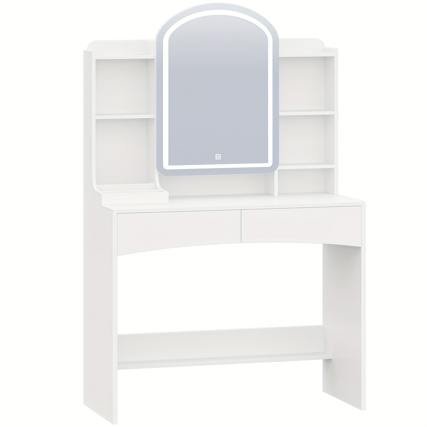Dressing Table With LED Lighting, Large 90cm Table Top, Dresser With Arched Round Mirror, Hidden Jewellery Organiser Behind The Mirror, 3 Colours, White
