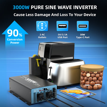 Spanningsomvormer – Omvormer – Inverter – Power Converter – Voedingsadapter – Zuivere Sinusgolf – 3000W Continu – 6000W Piekvermogen – LCD Display – USB Poort