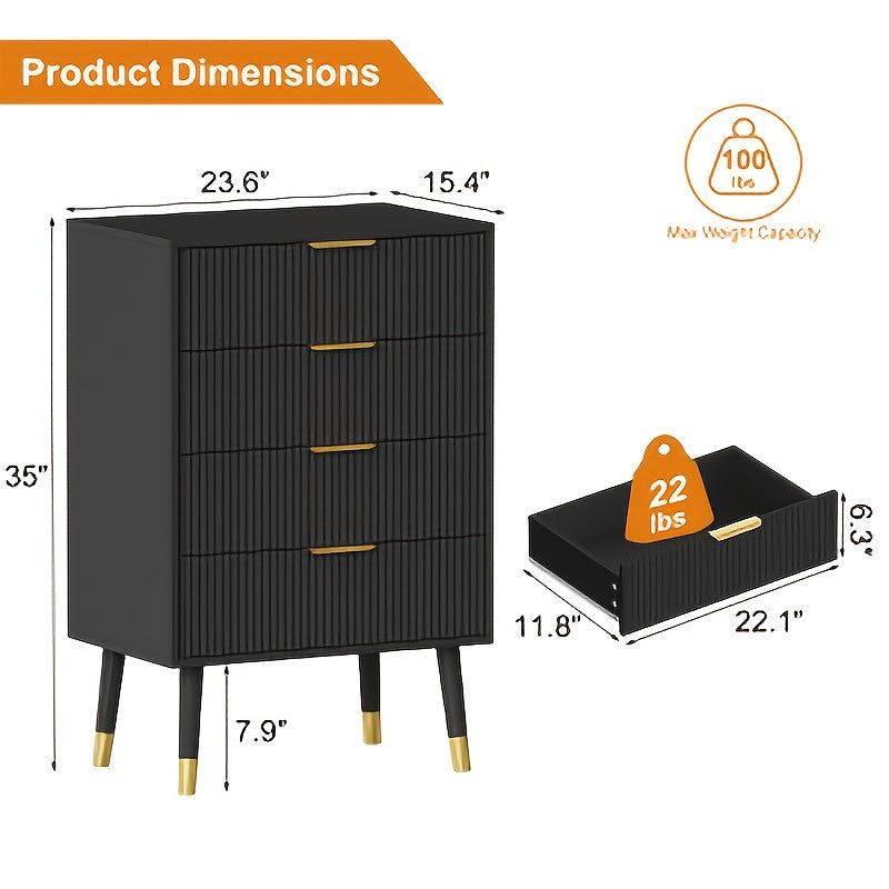 Ladekast – Ladenkast – Kommode – Opbergkast – Dressoir – Zwart – Gouden Poten & Handgrepen – 4 Ruime Lades – Stevig Hout & Metaal