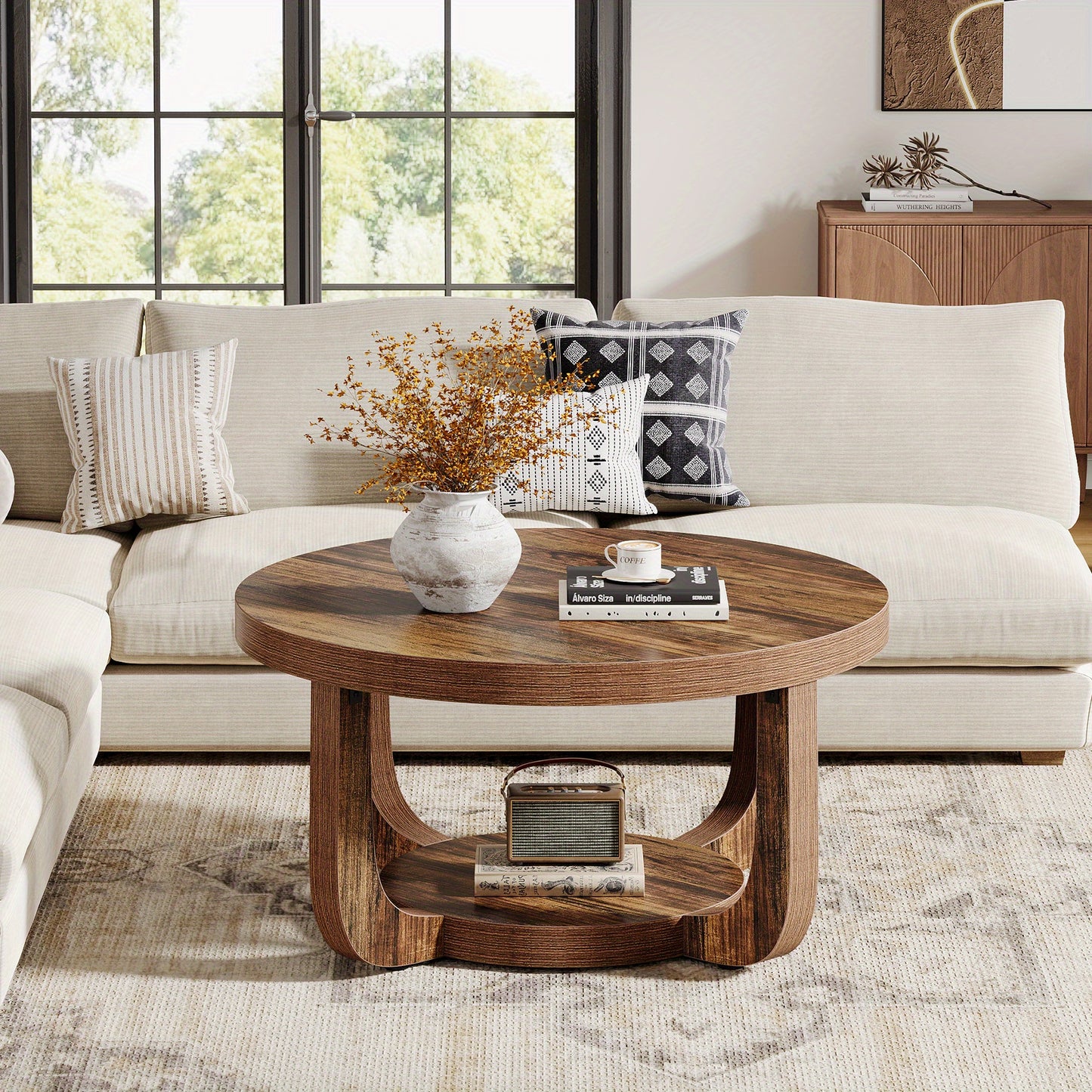 Ronde Salontafel – Moderne Koffietafel – Bijzettafel – Woonkamer Tafel – Opbergtafel – 2-Laags Ontwerp – Stevig Massief Hout