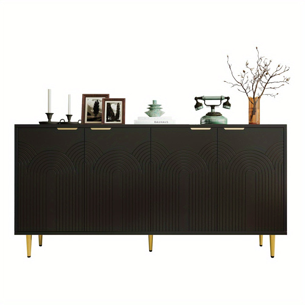 Dressoirkast – Kast – Sideboard – Wandmeubel – Opbergkast – Zwart – Vierdeurs – Gouden Handgrepen – Hoogglans Poten – 160x80x40 cm