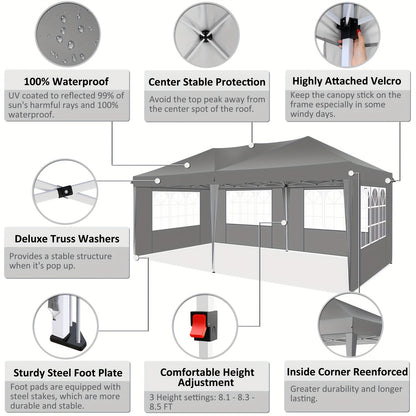 Partytent – Tuinent – Paviljoen – Easy-up Tent – Feesttent – 3x6 Meter – Waterdicht Polyester – 6 Zijwanden Met UV-bescherming - Grijs
