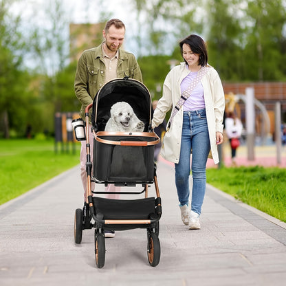 Hondenwagen – Hondenbuggy – Huisdierwagen – Dierenwagen – Kattenbuggy – Geschikt tot 25 kg – 4 Rubberwielen met Schokdempers – Inklapbaar – Lichtgewicht Carbonstaal Frame – Champagne Golden Black