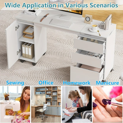 Uitschuifbaar Bureau – Werktafel – Schrijftafel – Computerbureau – Bureau Met Laden – Wit – 66-120 cm Uitbreidbaar – Met Wieltjes En Opbergruimte