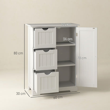 HOMCOM Modern White Bathroom Storage Cabinet with 3 Drawers & Adjustable Shelf - 60x30x80cm Glass Organizer, Pull-Out Shelves, Magnetic Door, Golden Knobs for Bathroom & Living Room Organization, Bathroom Organizers And Stora
