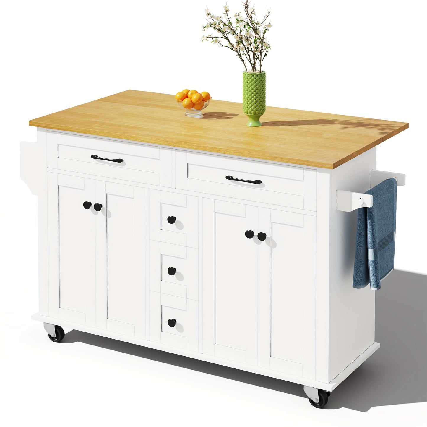 Multifunctional Kitchen Trolley with Folding Worktop, 120 X 65cm, Extendable, with 5 Drawers, Cupboards, Spice And Towel Racks, On Castors - Kitchen Island for Kitchen, Dining Room And Living Room, Storage Drawer Units
