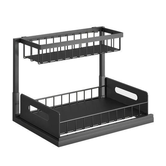 Ladeorganizer – Ladeverdeler – Keukenkastorganizer – Badkamerrek – Opbergmand – Uitschuifbare Lade – Verstelbare Hoogte – Metalen Stevige Constructie – Compact L-vormig Design 27x36x28 cm – Zwarte Roestbestendige Afwerking