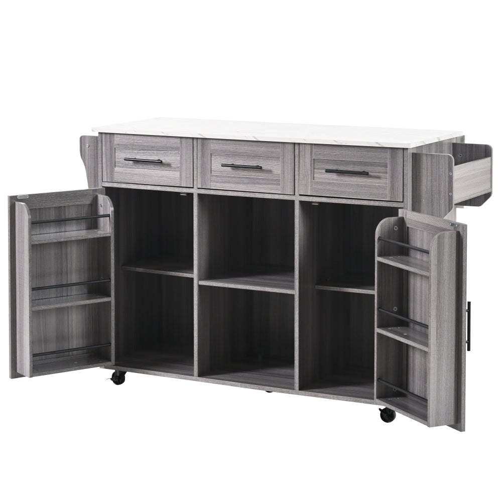 Modern Mobile Dining Trolley/Sideboard Cabinet with White Marble Countertops & Gray Veneer - Folding Worktop, Storage Doors, Assembly Required - Space-Saving Mobile Furniture for Small Apartments/Kitchens (Metal Frame)