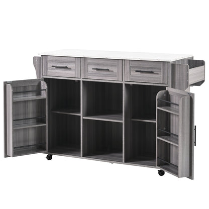 Modern Mobile Dining Trolley/Sideboard Cabinet with White Marble Countertops & Gray Veneer - Folding Worktop, Storage Doors, Assembly Required - Space-Saving Mobile Furniture for Small Apartments/Kitchens (Metal Frame)