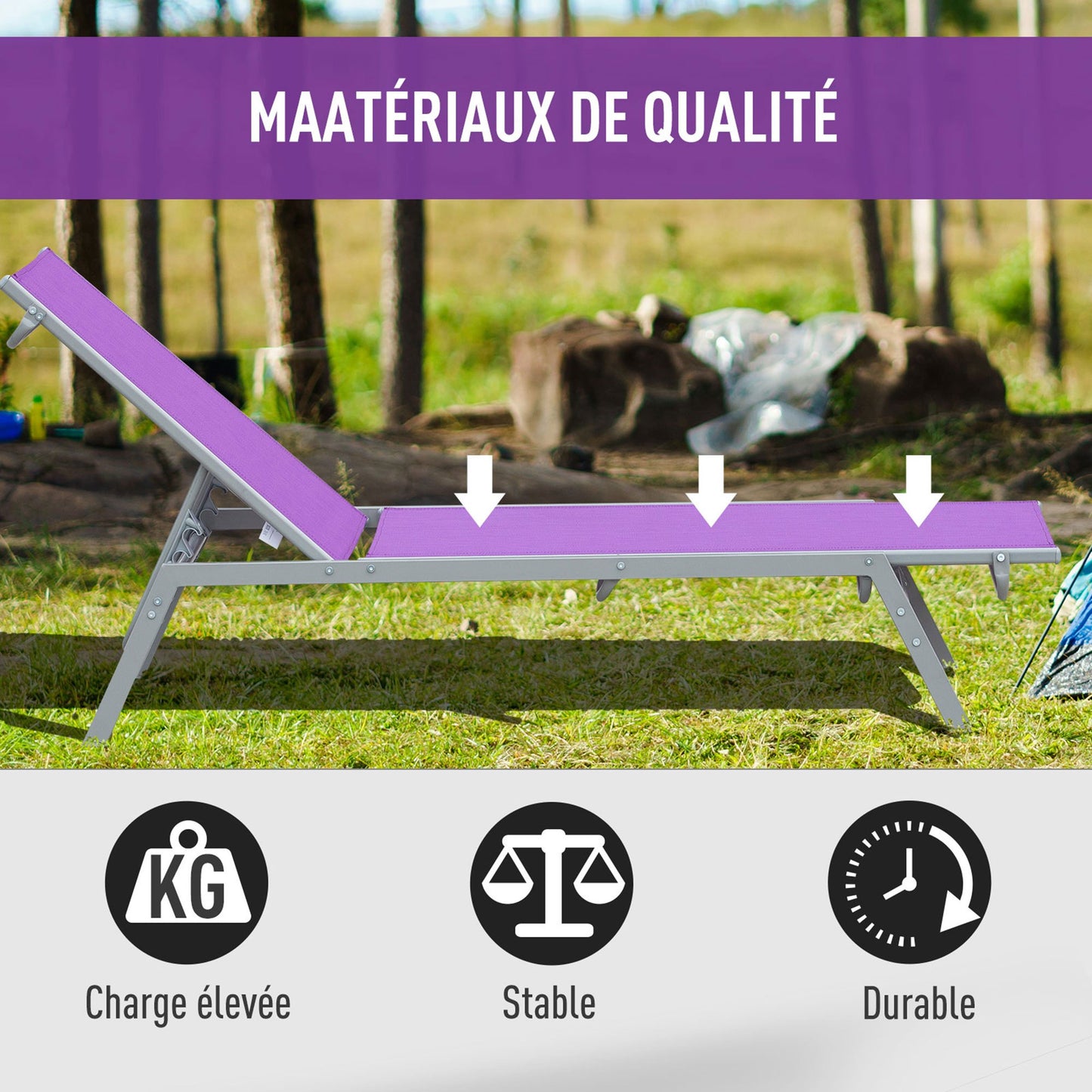 Ligstoel – Strandstoel – Zonnebed – Ligbank – Verstelbare Buitenstoel – Ergonomisch Ontwerp – UV- en Waterbestendig Mauve – Metaal Met Textileen – 170x58x97 cm