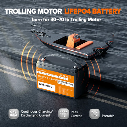 LiFePO4 Accu 12V 100Ah – Lithium Batterij – Deep Cycle Accu – Solar Accu – Camper Accu – Ingebouwd BMS – Robuuste ABS Behuizing – Lange Levensduur 4000+ Cycli