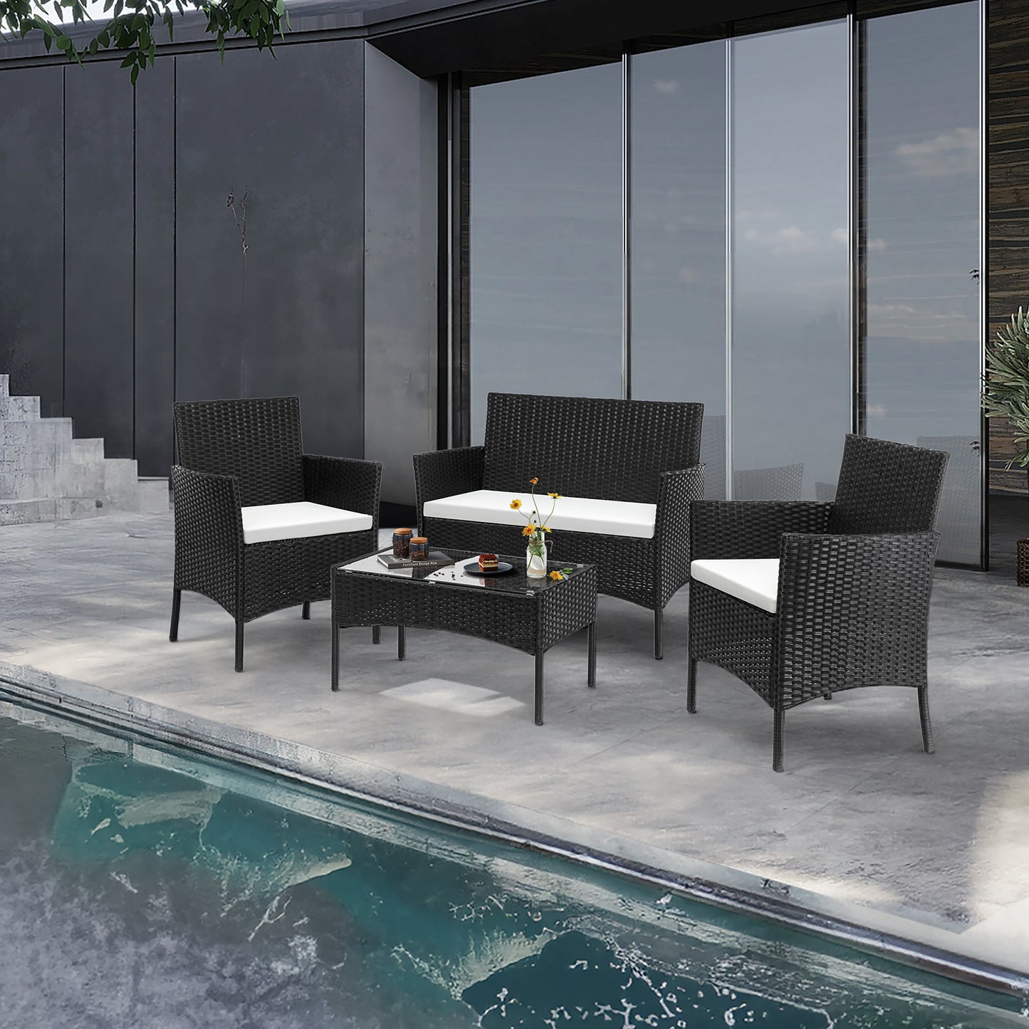 Wicker Loungeset – Loungebank – Tuinset – Balkonmeubels – Loungesofa – Zwart – Weerbestendig Geflochten Wicker – Comfortabele Dikke Kussens