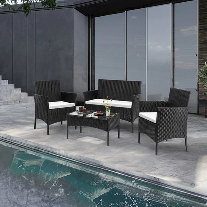 Wicker Loungeset – Loungebank – Tuinset – Balkonmeubels – Loungesofa – Zwart – Weerbestendig Geflochten Wicker – Comfortabele Dikke Kussens