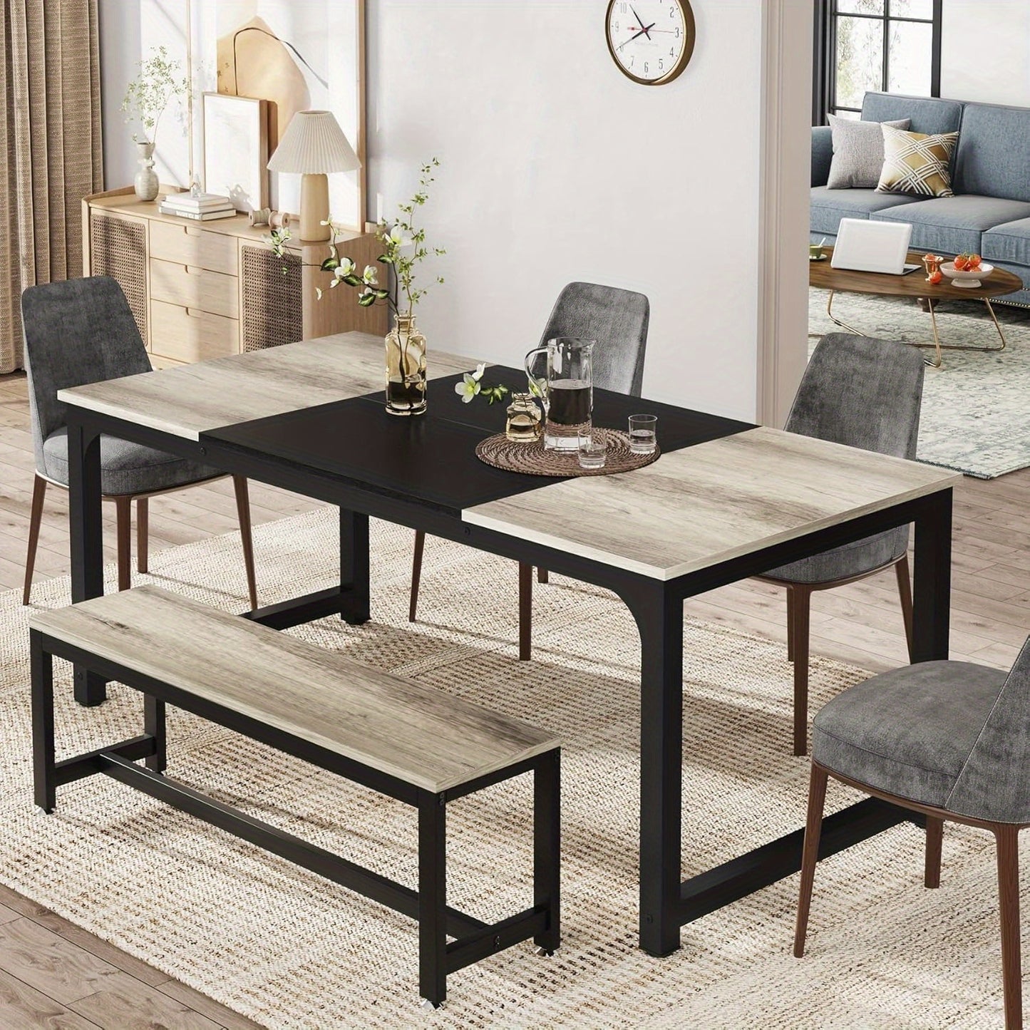 Eettafel – Keukentafel – Eetkamertafel – Tafel – Industriële Tafel – Modern Industrieel Design – 180x80 cm – Grijs Houten Blad Met Zwart Metaal – Stevig Metalen Onderstel – Geschikt Voor 6-8 Personen