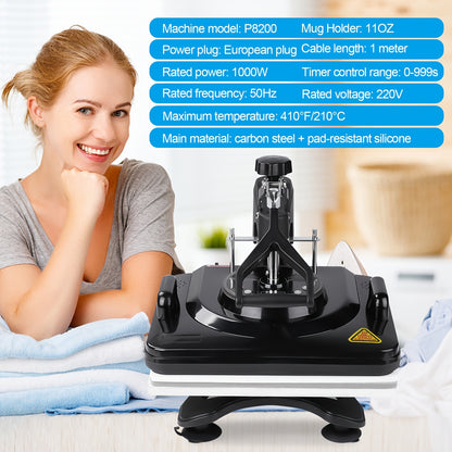 8-In-1 Hittepers – Textielpers – T-Shirt Pers – Mokken Pers – Petten Pers – 29x38 Cm Werkoppervlak – 1000W Verwarming