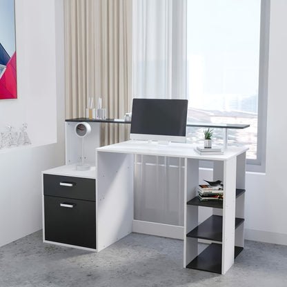 Computertafel – Bureau – Werkplek – Study Desk – Kantoormeubel – Met Geïntegreerde Boekenkast – Ruime Opbergladen – Modern Metaal en Hout – Wit Grijs