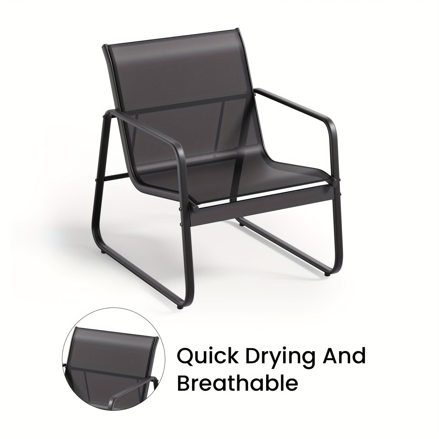 3-Delige Tuinset – Bistroset – Balkonset – Tuinmeubelset – Terrasset – Metalen Frame – Glas Tafelblad – Comfortabele Gebogen Rugleuning – Ademend Teslin Bekleding – Zwart