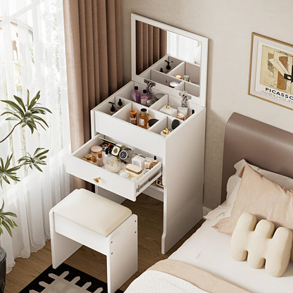 Kaptafel – Make-uptafel – Ladekast – Nachtkastje – Kapspiegel – Multifunctioneel 3-in-1 ontwerp – Duurzaam wit hout met gehard glas