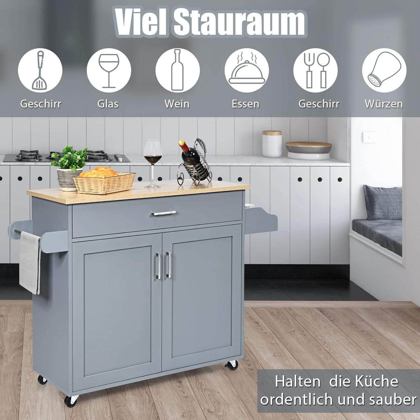 Keukeneiland op Wielen – Keuken Karretje – Opbergtrolley – Keukenwagen – Werktafel – Verstelbare Plank – Groot Opslagvak – Kruidenrek en Handdoekhouder
