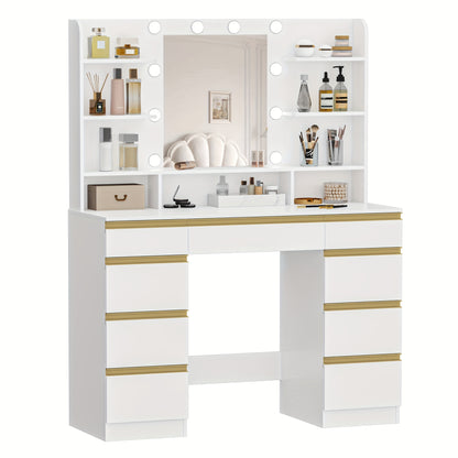 Make-up Tafel – Kaptafel – Visagie Tafel – Beauty Tafel – Make-up Bureau – Met 10 LED Lichtbollen – Grote HD Spiegel – Wit – Veel Opbergruimte – Instelbare Helderheid