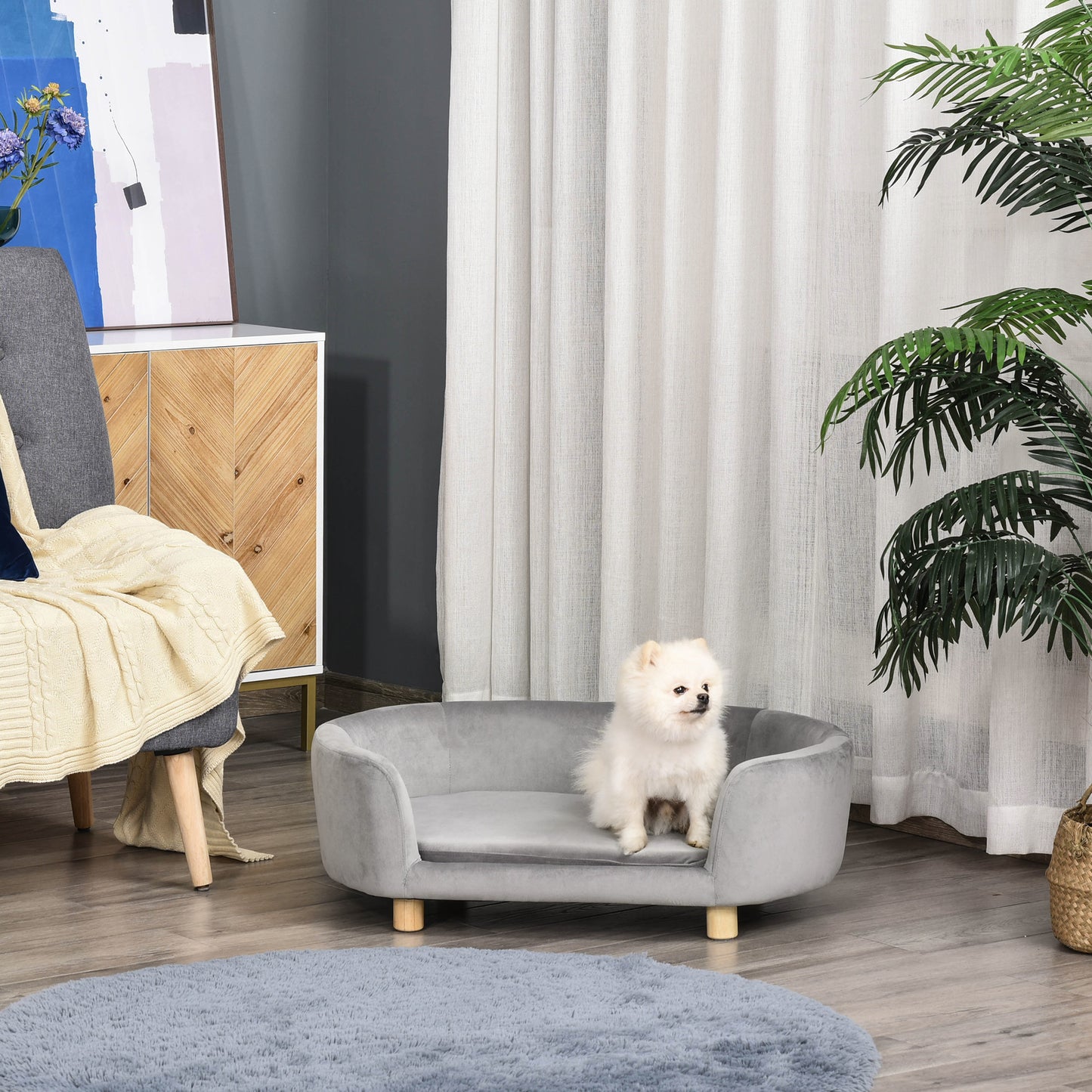Hondenmand – Dierenbank – Hondenbed – Hondenkussen – Kattenmand – Dutch Velvet Bekleding – Verhoogd Met Berkenhouten Poten – Lichtgrijs – 86x55x33 cm – Comfortabele Foamvulling