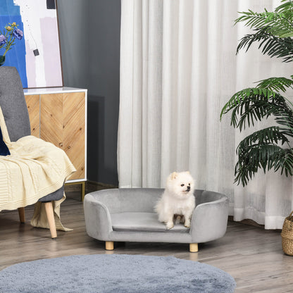 Hondenmand – Dierenbank – Hondenbed – Hondenkussen – Kattenmand – Dutch Velvet Bekleding – Verhoogd Met Berkenhouten Poten – Lichtgrijs – 86x55x33 cm – Comfortabele Foamvulling