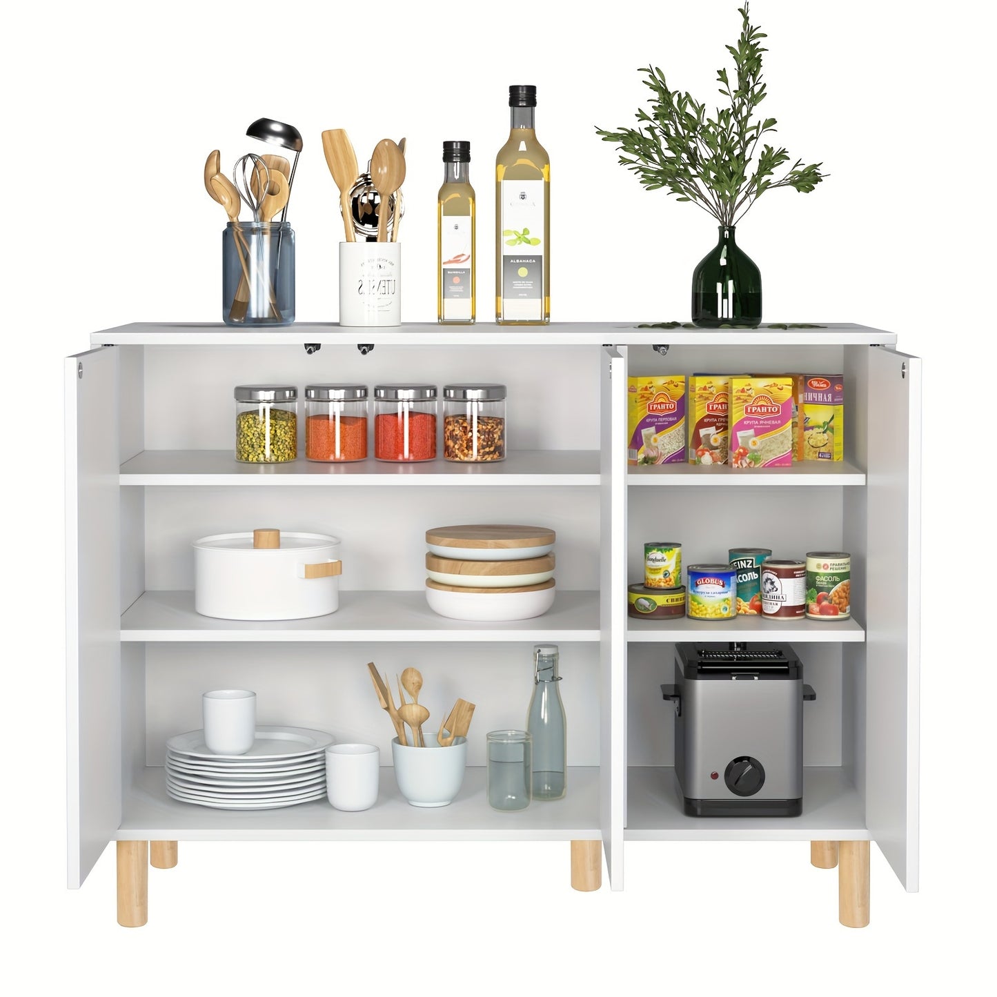 Opbergkast – Kast – Dressoir – Buffetkast – Vitrinekast – Wit met Houten Poten – Vrijstaand – Verstelbare Planken