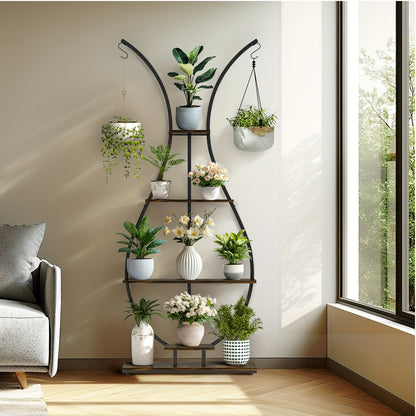 Plantenhouder – Plantenrek – Bloemenstandaard – Plantenrekje – Plantenrek Binnen – 5 Lagen – Metaal Met Houten Planken – Vaasvorm – Voor Woonkamer & Balkon – Bruin