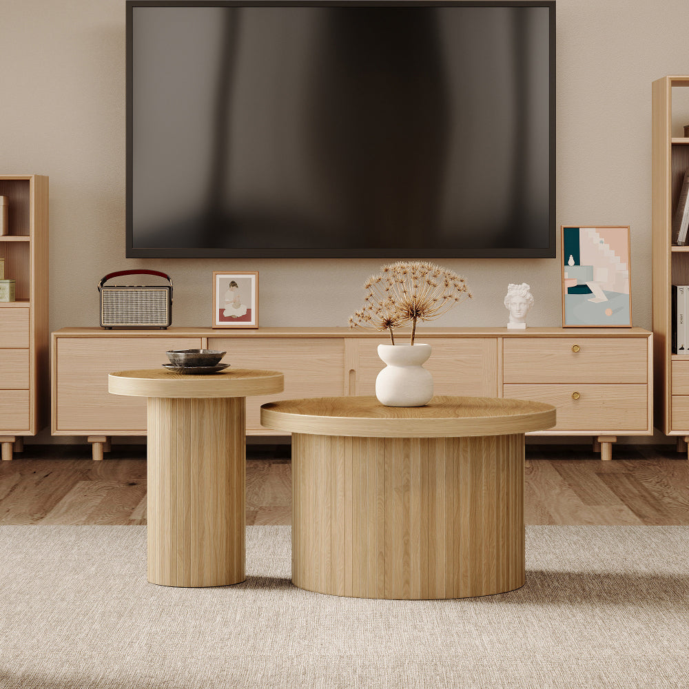 Salontafel – Koffietafel – Bijzettafel – Nachttafel – Woonkamertafel – Uitbreidbaar – Natuurlijke Houtnerf Dubbel Laags Rond