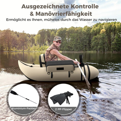 Opblaasbare Visboot – Belly Boat – Vissersboot – Inflatable Kano – Vlot Voor Volwassenen – Inclusief Pomp en Peddels – 150 kg Draagvermogen – Verstelbare Rugleuning – Beige – 135 x 109 x 54 cm