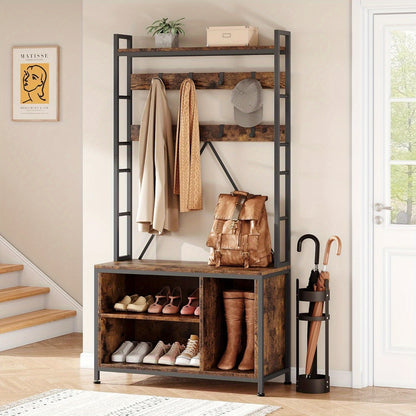 5-in-1 Halmeubel – Kapstok – Schoenenrek – Opbergmeubel – Zitbank – Stevig Metalen Frame – 17 Haken & 2 Lades – Rustiek Bruin – Vrijstaand Design