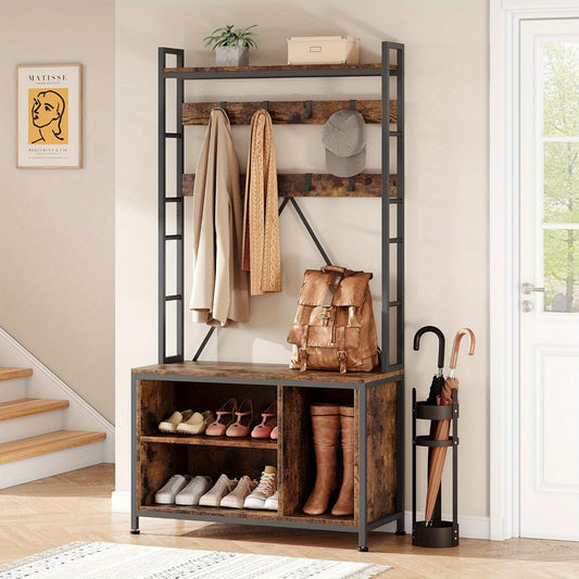 5-in-1 Halmeubel – Kapstok – Schoenenrek – Opbergmeubel – Zitbank – Stevig Metalen Frame – 17 Haken & 2 Lades – Rustiek Bruin – Vrijstaand Design