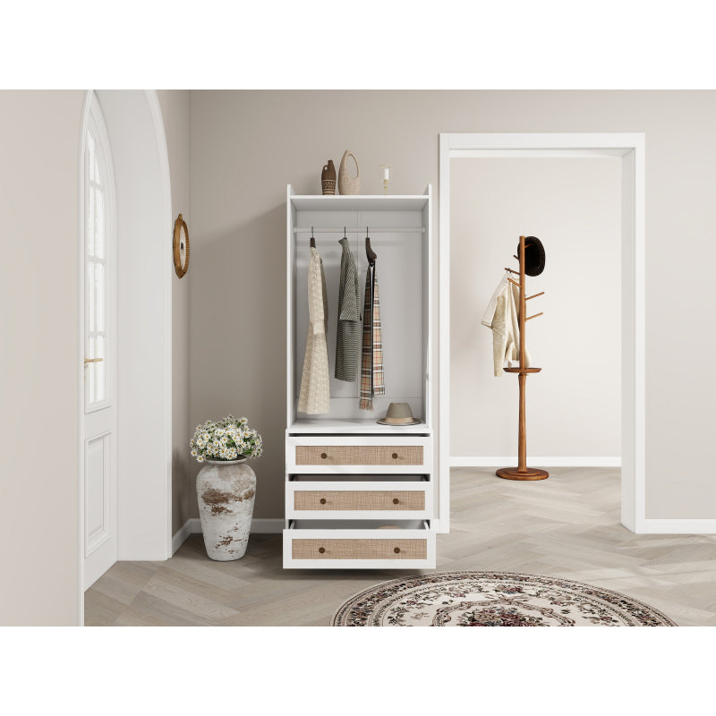Kast – Opbergkast – Ladekast – Dressoir – Garderobekast – Wit Spaanplaat – Boho Design – 180 cm Hoog – 3 Laden Met Opbergruimte