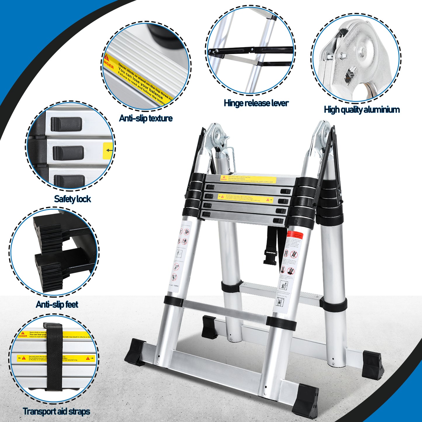 Telescopische Aluminium Ladder – Uitschuifladder – Opvouwbare Ladder – Doe-Het-Zelf Ladder – Werksteiger – Lichtgewicht Aluminium – Veilig Vergrendelingssysteem