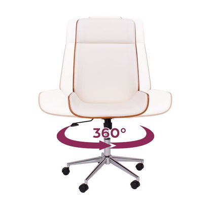 Bureaustoel – Kantoorstoel – Draaistoel – Executive Chair – Bureaustoelen – Wit Kunstleer – Parawood Frame – Verstelbare Zithoogte 109-119 cm – 360° Draaibaar