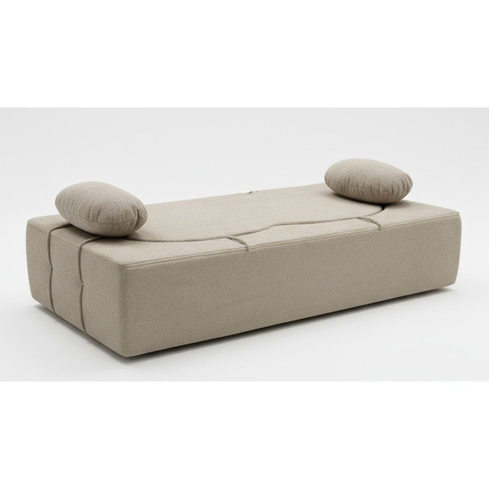Slaapbank – Bedbank – Slaapcorner – Logeerbank – Bankbed – Beige Boucle Stof – 40 cm Memory Foam Matras – Inclusief Kinderzitkussens