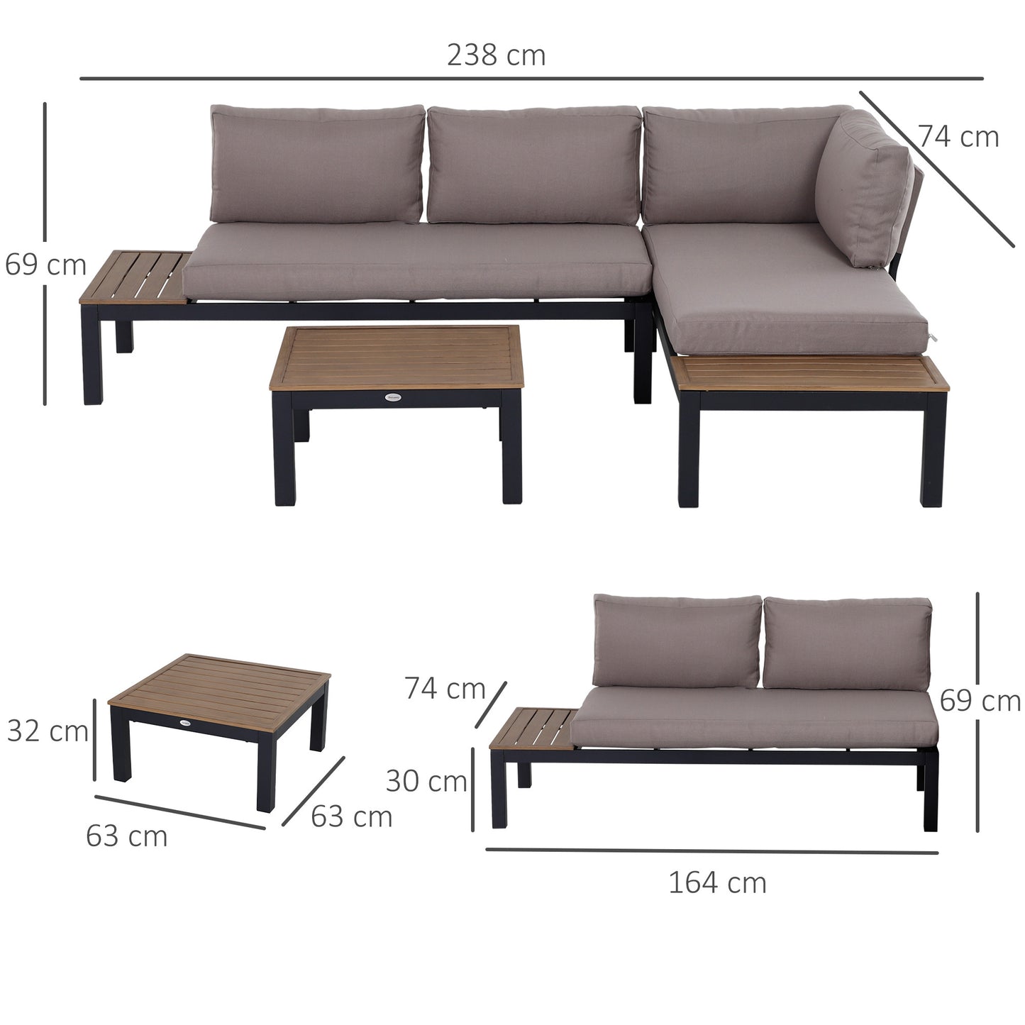 3-delige loungeset – tuinset – loungeset – balkonset – terrasset – aluminium frame – waterafstotende kussens – grijs/natuurkleur
