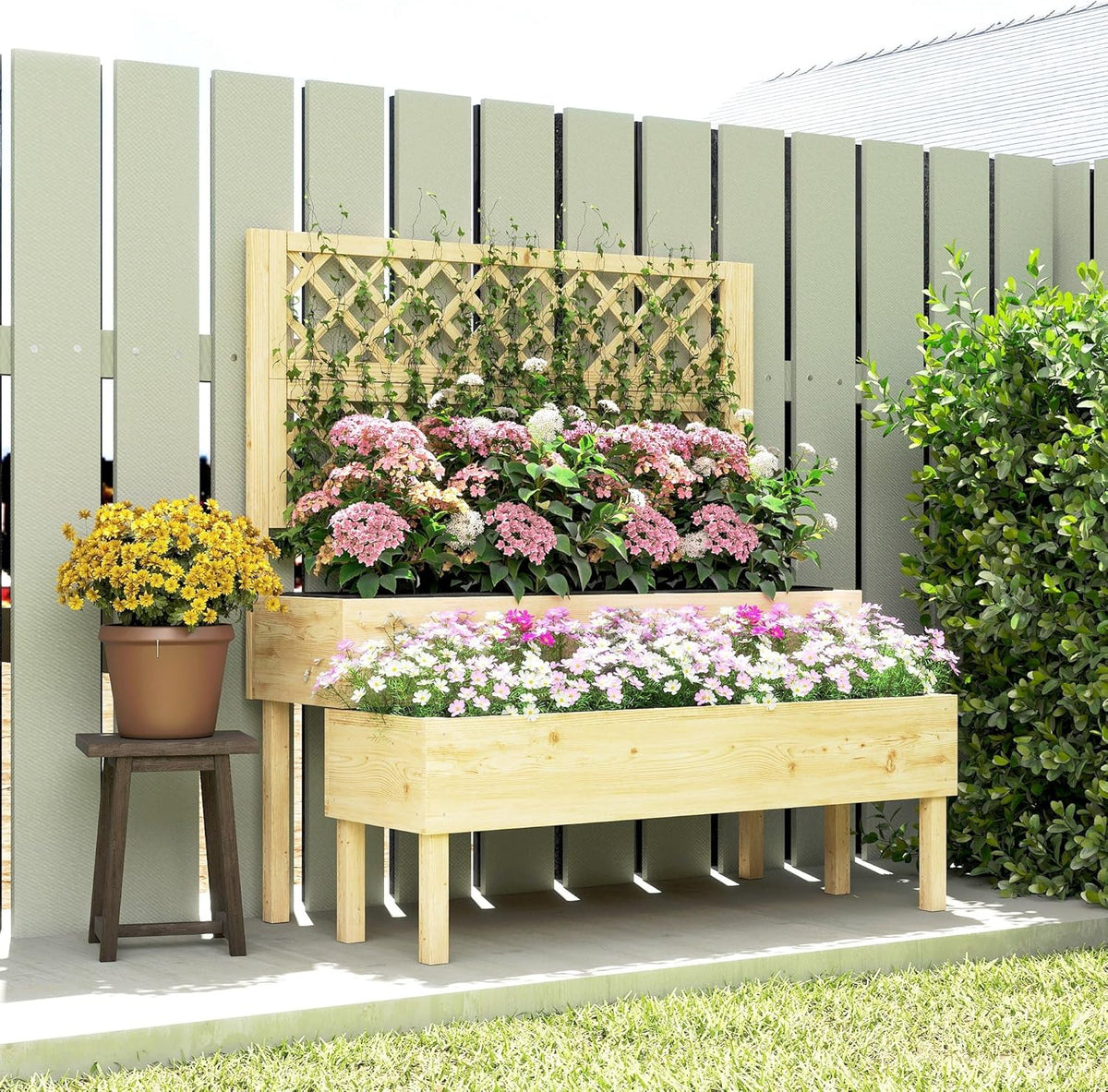 Outsunny Raised Planter with Trellis, 2-Step Flower Box with 2 Planters, Felt Fabric, Wooden Planter for Climbing Planters, Garden 108 x 62 x 120 cm