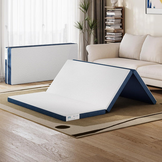 LINSY HOME 140 x 200 cm, Folding Mattress with Extra Waterproof Cover, 7.5 cm Tencel Trifold Mattress, Memory Foam Mattress, Foldable, Portable, Easy to Store, Sofa Bed - QUORE