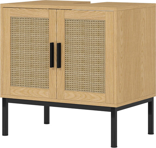 kleankin Waschbeckenunterschrank Unterschrank mit Schrankfach, Waschtischunterschrank mit Rattanoptik, Badunterschrank mit Kippschutz, Eiche, 60 x 39 x 60 cm - QUORE