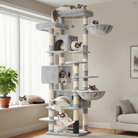 Hey-brother Cat Scratching Post, 188 cm Cat Tree, XXL Climbing Tree with 2 Large Platforms, 3 Caves, 2 Baskets, Plush Balls and Sisal Scratching Posts, Multi-level Cat Scratching Post, Light Grey - QUORE
