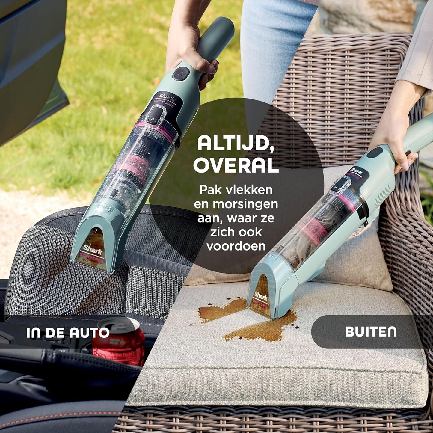 Shark StainForce snoerloze vlekkenverwijderaar, lichtgewicht en draagbare vlekkenverwijderaar voor tapijten, bekleding, trappen, auto's, met opvangbak, accessoires en 2x reinigingsoplossing, HX100EUCP