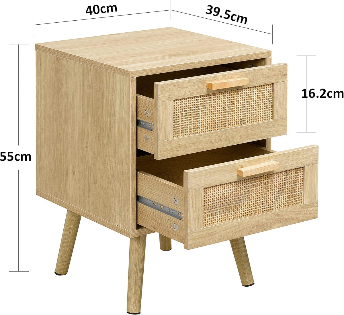 Finnhomy Set van 2 nachtkastjes met 2 laden, versierd met rotan, handgemaakt, bijzettafel met opbergruimte voor slaapkamer, naturel