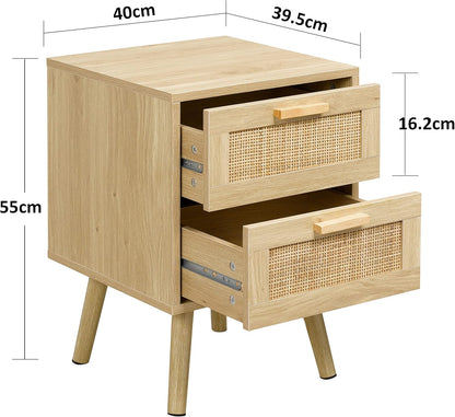 Finnhomy Set van 2 nachtkastjes met 2 laden, versierd met rotan, handgemaakt, bijzettafel met opbergruimte voor slaapkamer, naturel
