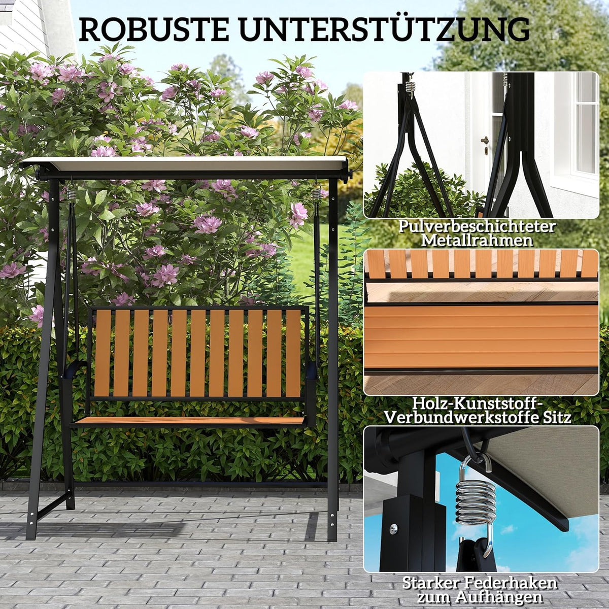 Outsunny Hollywoodschaukel mit verstellbarem Sonnendach, 2-Sitzer Gartenschaukel, wetterfest Schaukelbank belastbar bis 240kg, Gartenliege für Garten, Terrasse, 142 x 112 x 162cm, Schwarz