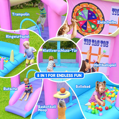 Springkasteel groot met glijbaan en basketbalmand, springkasteel voor kinderen van 3-10 jaar, springkasteel met ventilator, voor binnen en buiten